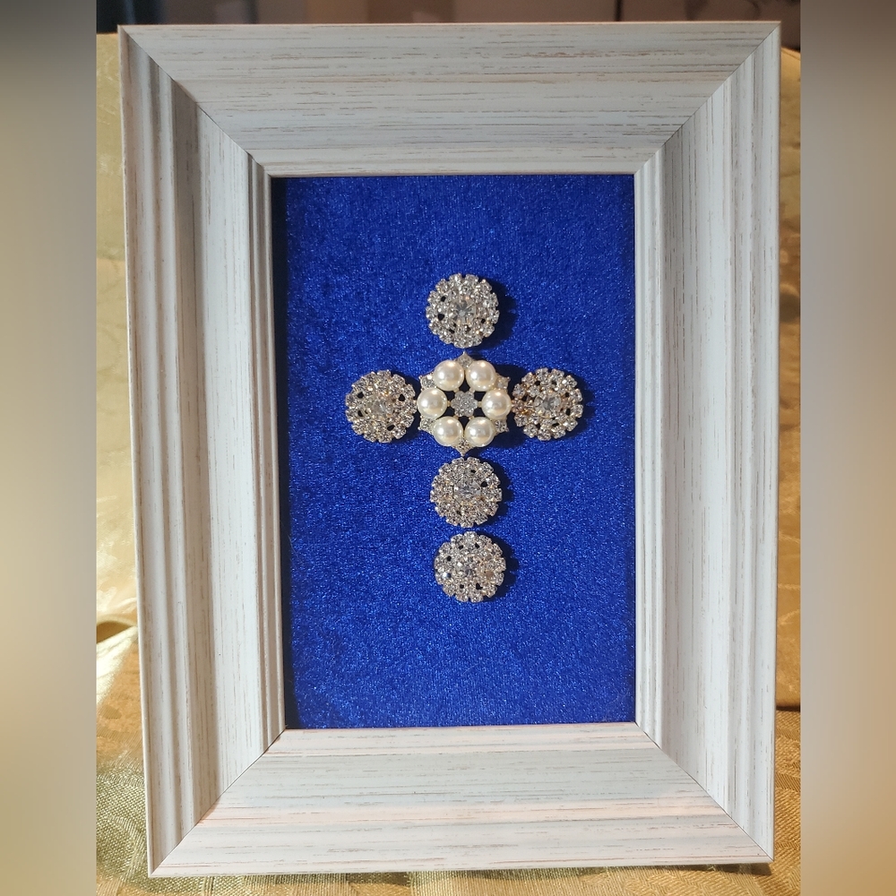 Framed Jeweled Cross - Pearls and Rhinestones!